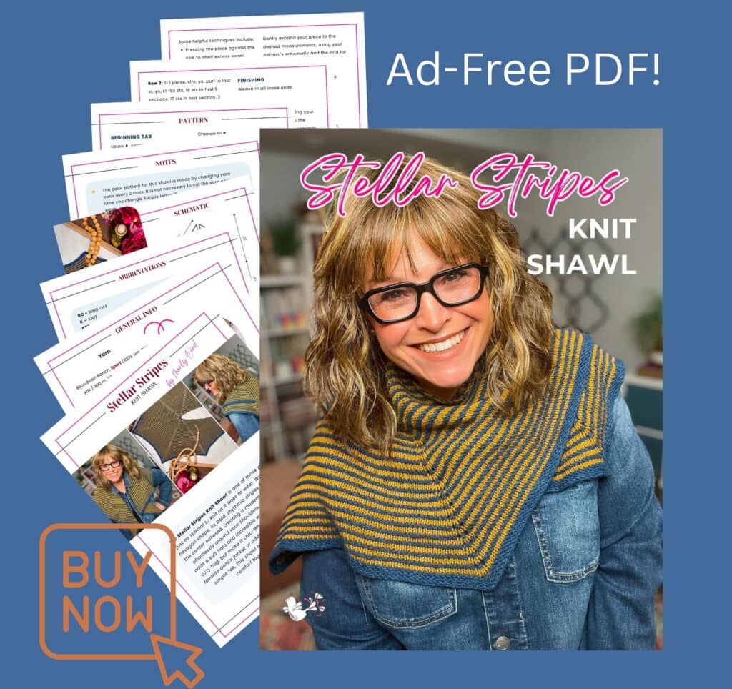 A woman models a blue and yellow knit shawl with bold stripes; preview pages of the Stellar Stripes Knit Shawl pattern shown beside her.