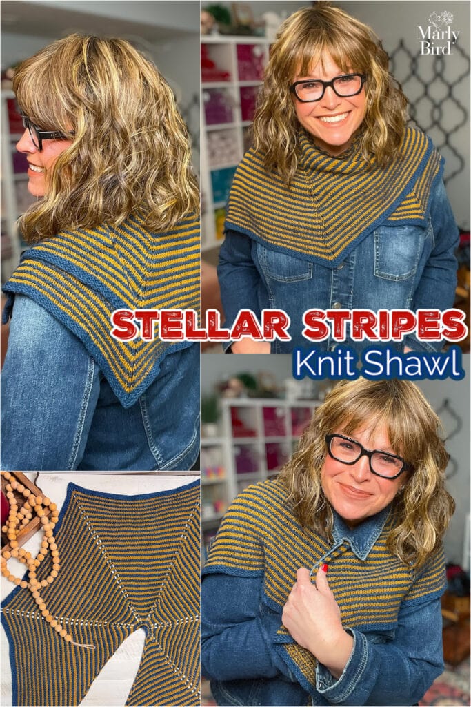 Blue and mustard striped knit shawl displayed on a woman; close-ups show stitch detail and work in progress.