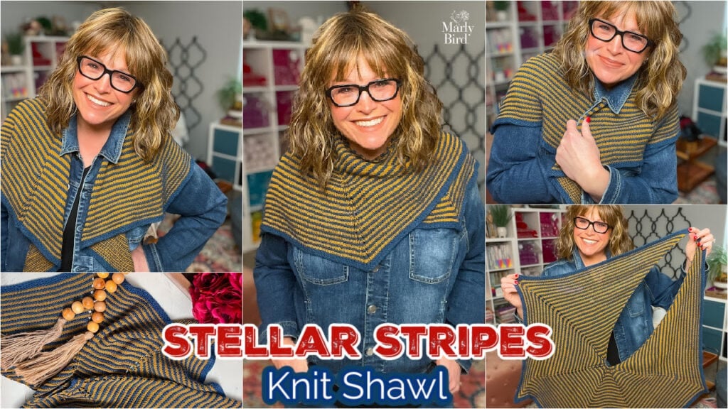 Woman models a yellow and gray striped knit shawl with wood beads; closeup shows stitch detail. Project: Stellar Stripes Shawl.