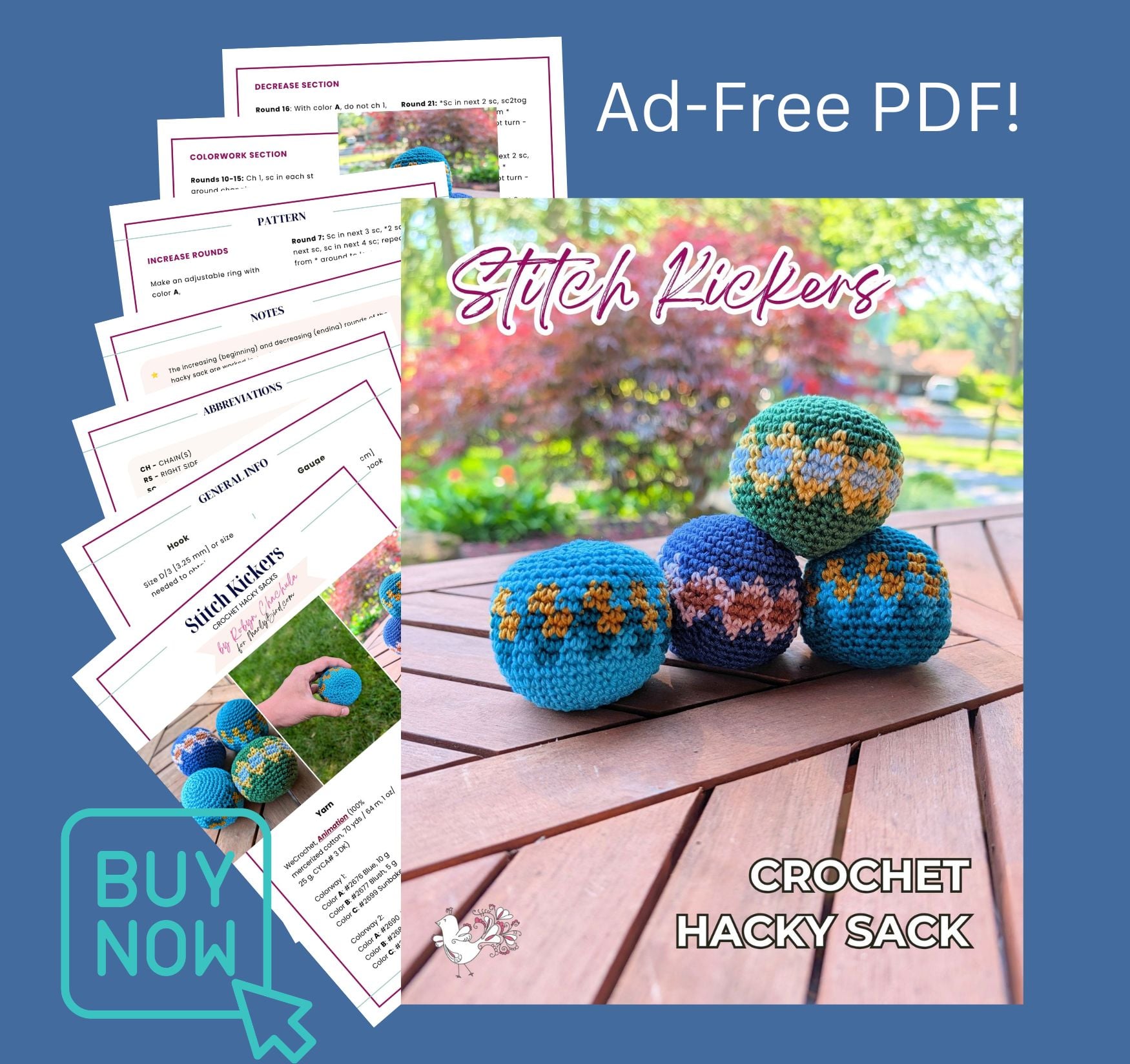 Stitch Kickers crochet hacky sack ad-free PDF pattern - clean printable version available on Etsy, Shopify, and Ravelry