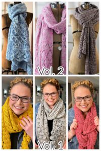 collage of 6 shawls, 3 on top are knit and draped over an antique mannequin, the 3 on the bottom are crochet and draped over Marly Bird. These 6 shawls are part of the Stitch Switch Shawl collection vol. 1 and vol. 2