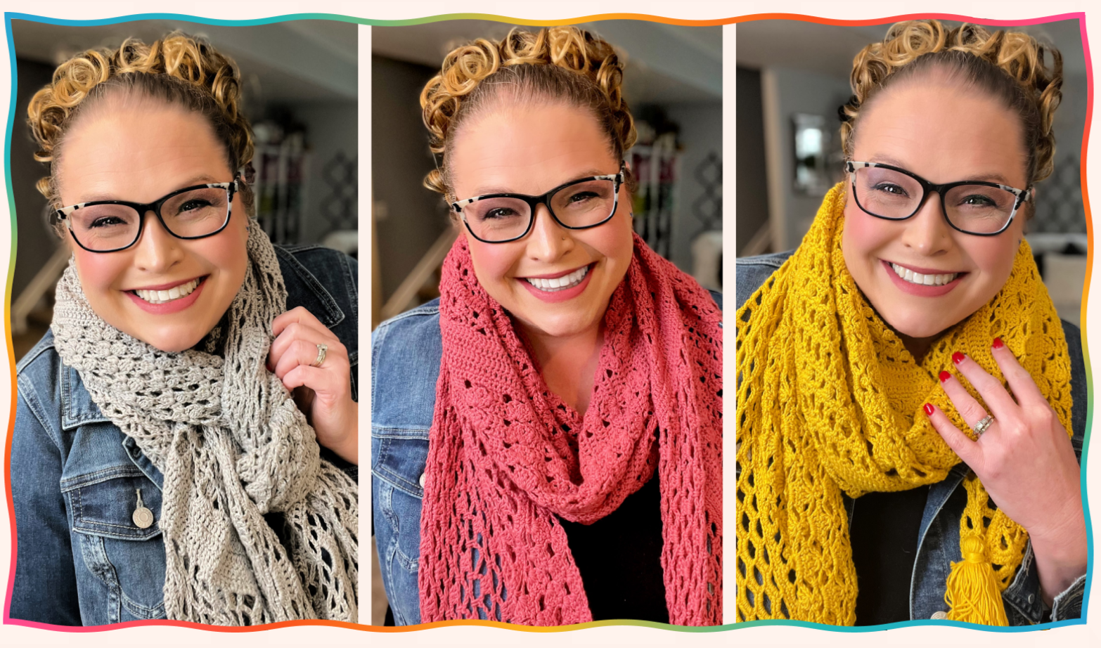 The image showcases three side-by-side pictures of the same person, reminiscent of Marly Bird's eclectic style, wearing glasses and a blue denim jacket. Each picture features a different scarf: a light gray scarf on the left, a pink scarf in the middle, and a yellow scarf on the right. -Marly Bird