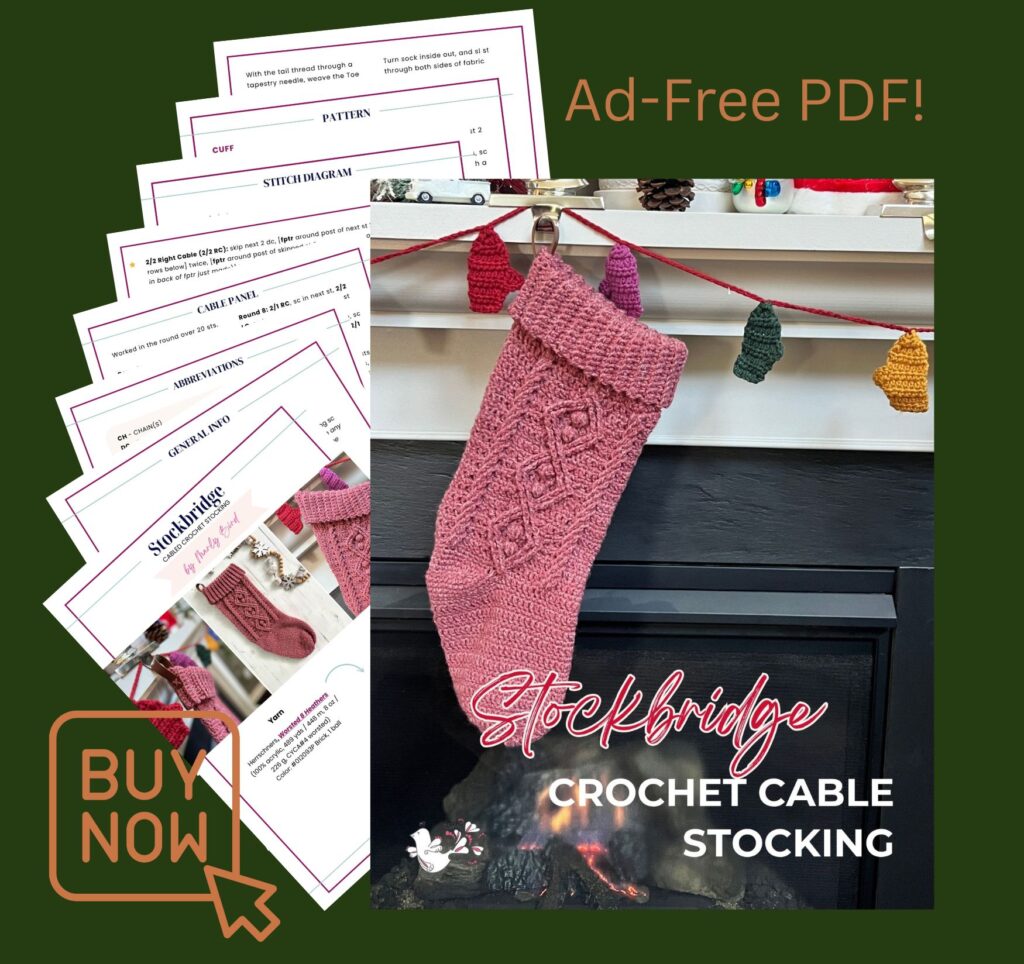 Image shows a pink Crochet Cabled Stocking hanging on a fireplace, with mini stockings above. Overlaid text reads “Stockbridge Crochet Cable Stocking” and “Ad-Free PDF!” A PDF preview and “Buy Now” button highlight this Free Crochet Pattern. -Marly Bird