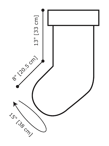 A simple outline of a Christmas stocking with three measurements labeled: 8 inches (20.5 cm) wide, 13 inches (33 cm) tall, and 15 inches (38 cm) diagonally—perfect for planning your next Crochet Christmas Stocking Pattern. -Marly Bird