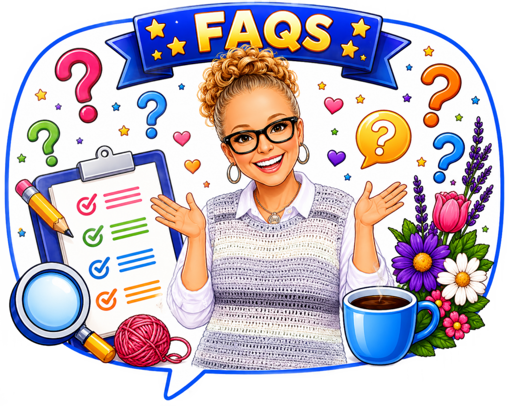 A woman gestures under a "FAQS" banner, surrounded by yarn, tools, and a crochet sweater pattern for beginners.
