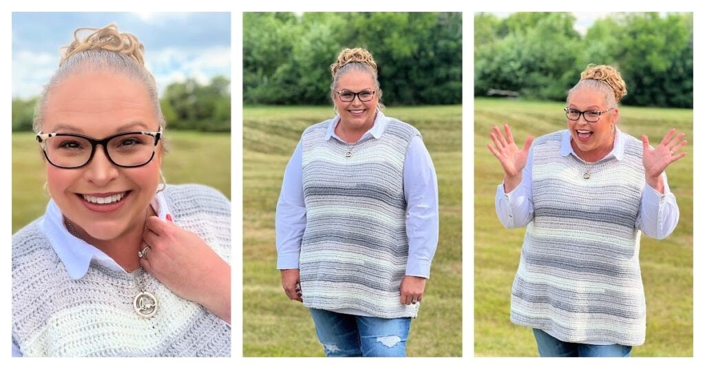 Woman wearing a hand-knit striped gray vest over a white shirt, highlighting textured stitches and layering; outdoors setting.