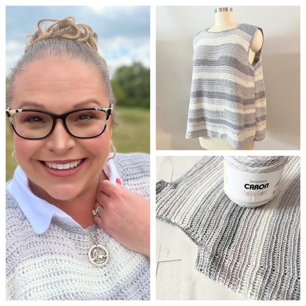 three images of the Stoney Creek Sleeveless Crochet tee. Far Left is a close up of Marly Bird wearing the tee over a button down white shirt, the top right is the tee on a plus size mannequin, and the bottom right is the tee laying flat on a table with the Caron Cotton Cakes Yarn on top - Marly Bird