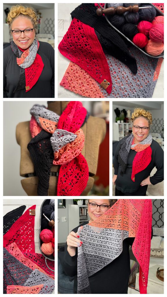 A collage of a person wearing a multicolored crocheted scarf in shades of pink, red, gray, and black. The images display the scarf's pattern, its drape around the neck, and the yarn used. The person is smiling, showcasing the scarf's design. -Marly Bird