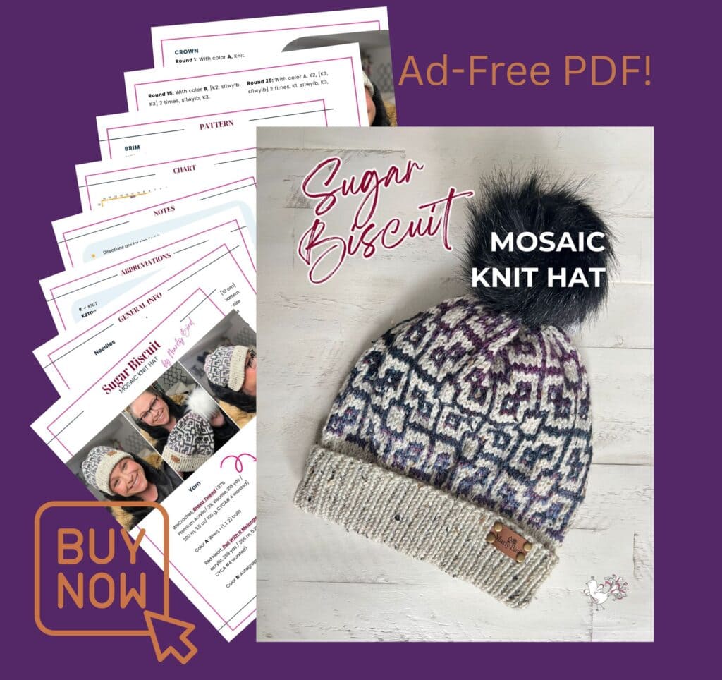 Ad-Free PDF! Cover of the Sugar Biscuit Mosaic Knit Hat Pattern by Marly Bird, showcasing a cozy knit hat with pom-pom. Multiple preview pages are fanned out beside it. "Buy Now" button in the corner. Purple background. -Marly Bird