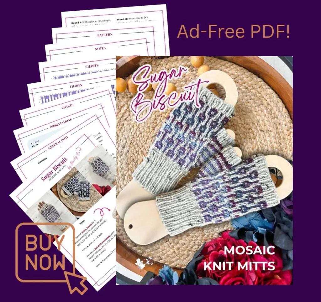 A digital ad for an ad-free PDF knitting pattern by Marly Bird, featuring mosaic knit fingerless mitts on a tray, several pattern pages, and a “Buy Now” button on a purple background with the text "Sugar Biscuit" and "Mosaic Knit Mitts. -Marly Bird