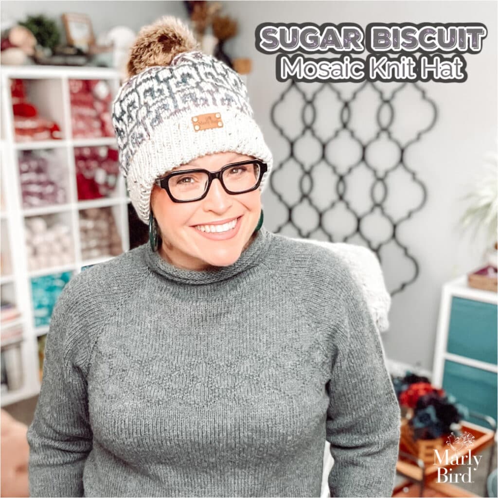 A smiling woman in glasses models the Sugar Biscuit Mosaic Knit Hat indoors. Shelves of yarn and a decorative wall accent set the scene. The Marly Bird logo highlights this cozy knit hat pattern. -Marly Bird