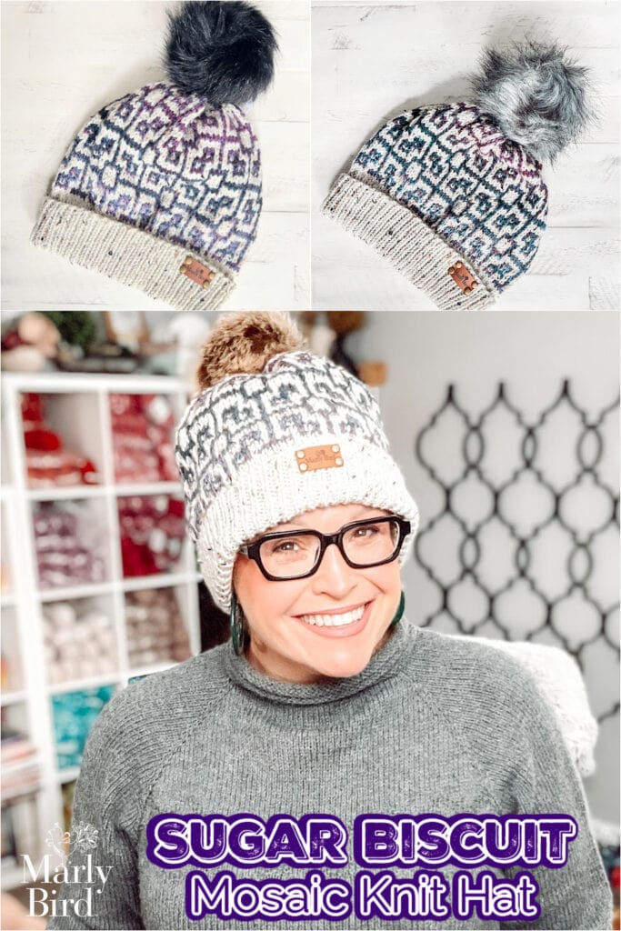 A smiling woman wears glasses and a pom-pom knit hat with geometric patterns. Above her are two more colorful hats. Text reads: "Sugar Biscuit Mosaic Knit Hat Pattern by Marly Bird. -Marly Bird