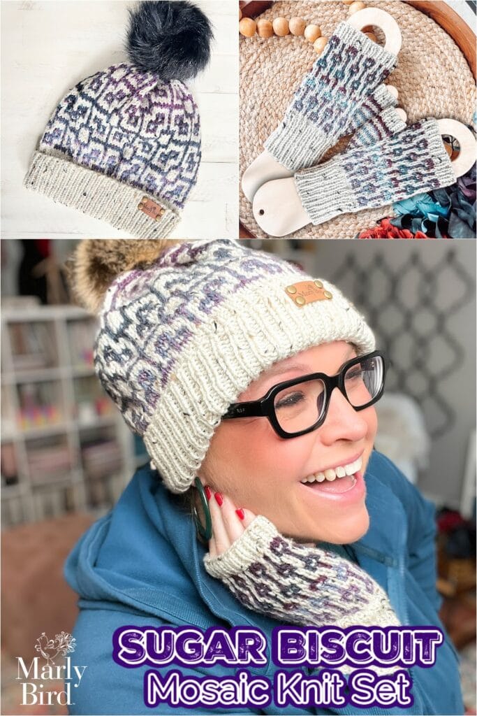 Collage showing a knit hat with a pom-pom, matching fingerless mitts, and a smiling person wearing both. The Sugar Biscuit set features Marly Bird’s geometric mosaic pattern in purple, blue, and cream. Text reads "Sugar Biscuit Mosaic Knit Set. -Marly Bird