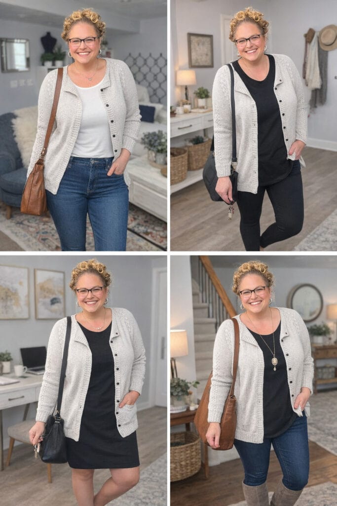 A woman with curly hair and glasses models a classic knit cardigan in light gray styled four ways: with jeans and a white top, black pants and top, over a black dress, and with a long necklace, black top, and boots. -Marly Bird