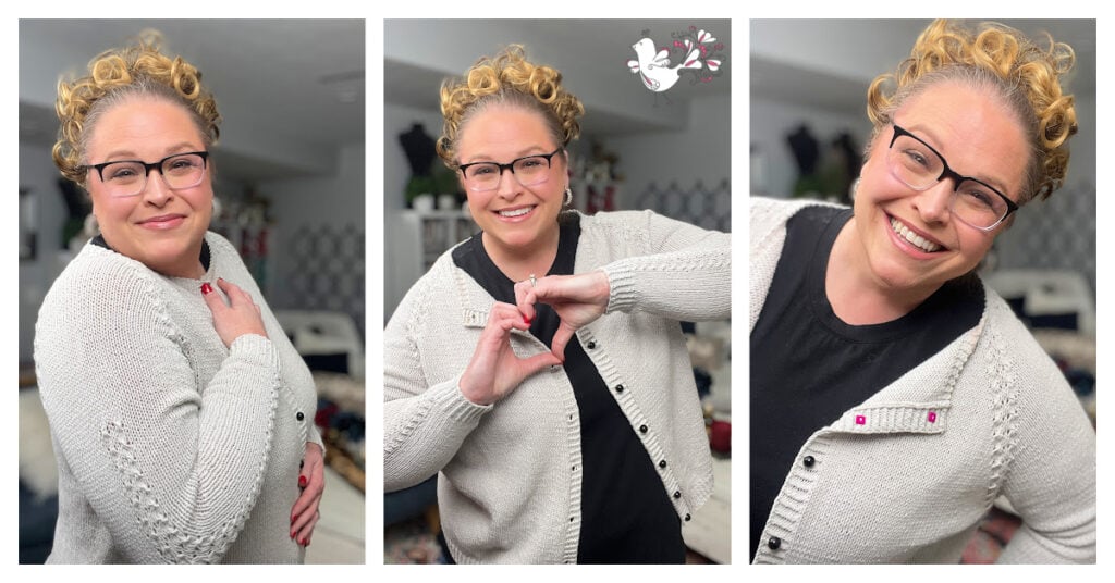 A woman with curly blonde hair, glasses, and a light gray knit cardigan poses indoors in three panels. Show off your style like Marly Bird with this cozy look—perfect inspiration for your next free knit cardigan project!. -Marly Bird