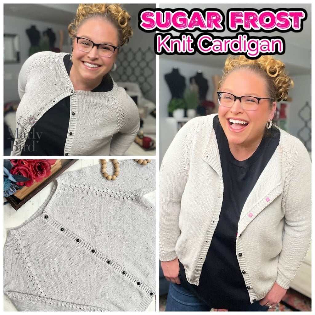 A smiling woman with curly blonde hair and glasses models a light gray knit cardigan. The collage, inspired by Marly Bird, shows her wearing the cardigan and a close-up of the garment laid flat. Text reads "SUGAR FROST Knit Cardigan. -Marly Bird