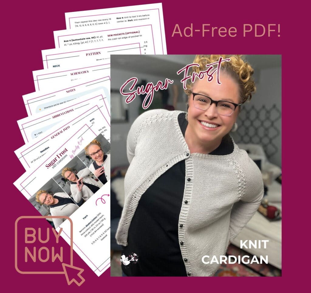 A smiling person wears a light gray Marly Bird knit cardigan, featured on a pattern cover titled "Sugar Frost." Behind the cover are pattern pages, with "Ad-Free PDF!" and a "Buy Now" button on a magenta background. -Marly Bird