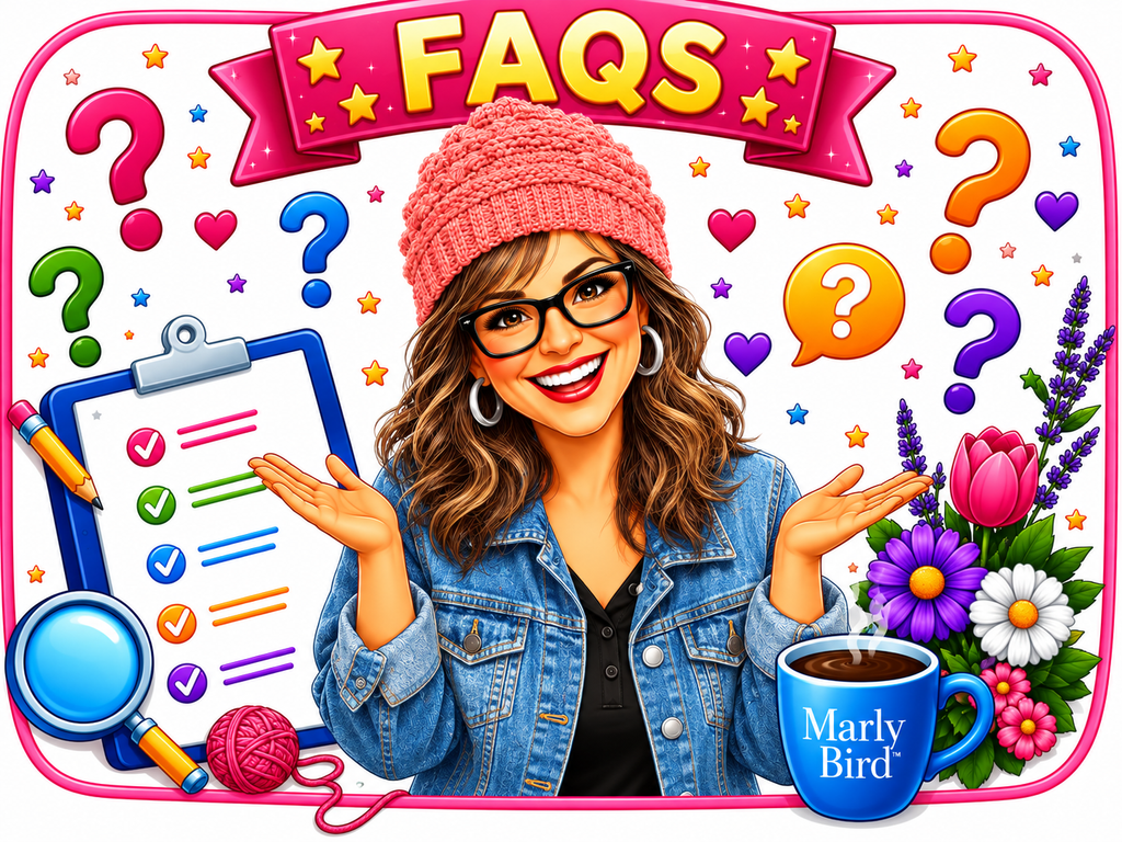 Illustrated FAQ graphic for the Summit Chic Crochet Hat featuring a Marly Bird cartoon wearing a pink crochet hat, surrounded by colorful question marks, stars, and craft supplies with the Marly Bird logo. -Marly Bird