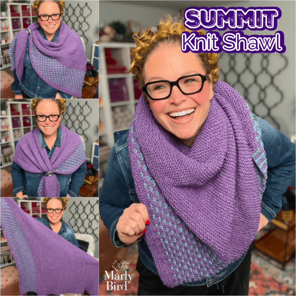 A person with glasses wears a large knit purple shawl with blue accents, showing drape and stitch texture. Yarn shelves behind.