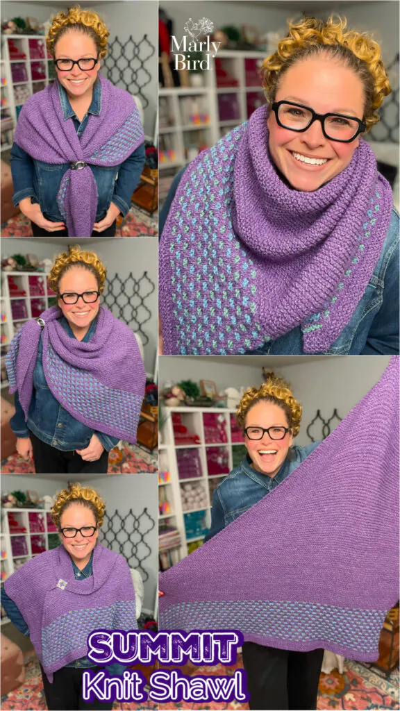 Purple knit shawl with blue accents shown on woman; close-up highlights stitch detail and drape; yarn shelves behind. Summit Knit Shawl free garter stitch knit shawl pattern