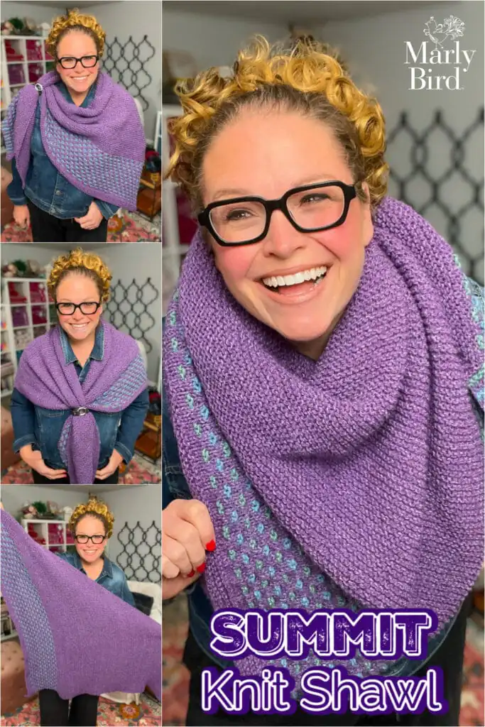 Woman models a purple knit shawl with blue accents, highlighting the stitch detail and drape in four different poses. Summit Knit Shawl free garter stitch knit shawl pattern