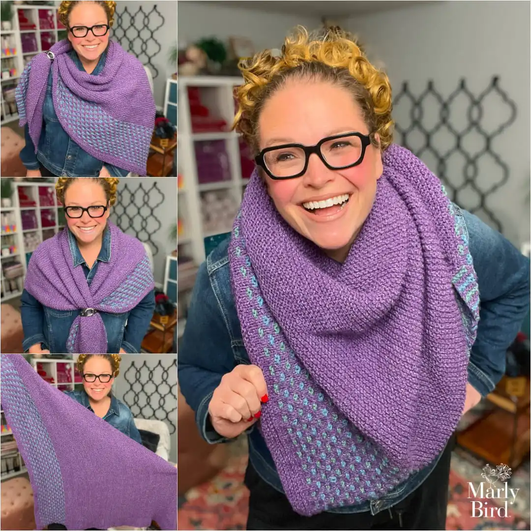 A woman shows different ways to wear the Summit Knit Shawl, a large purple and blue wrap with visible knit texture over a denim jacket.