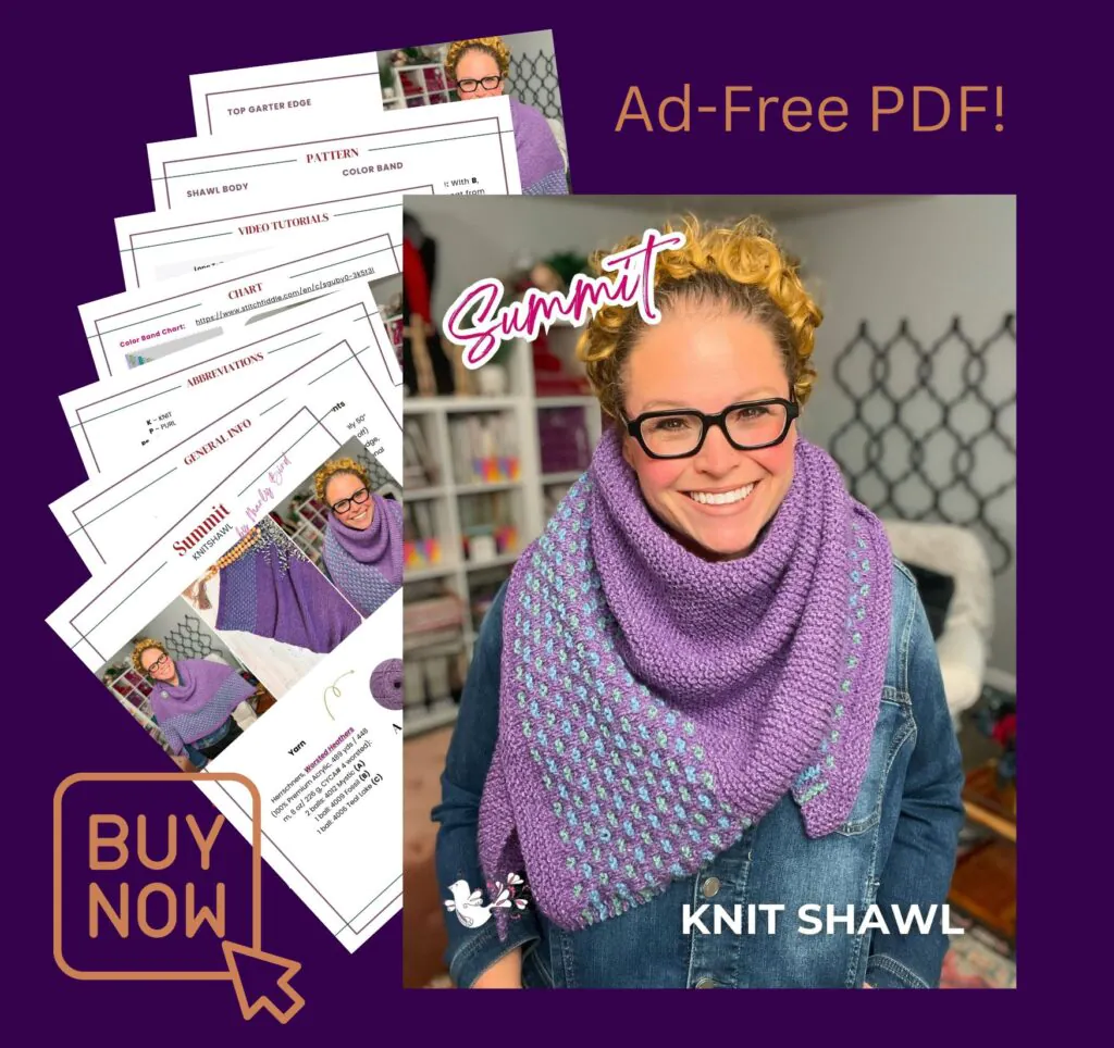 Person models a textured purple knit shawl in front of bookshelves; sample pattern pages and project graphics are visible. Summit Knit Shawl free garter stitch knit shawl pattern