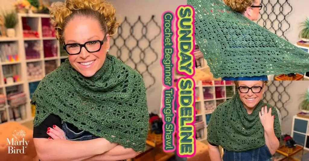 A woman wears a green crochet triangle shawl, showing the simple stitch pattern. Colorful yarn and shelves appear behind her.
