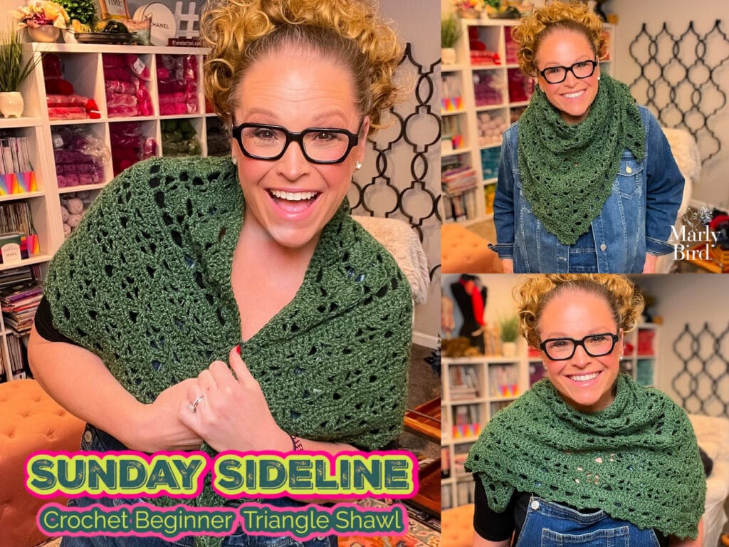 Woman wearing green top-down crochet triangle shawl beginner friendly triangle shawl shape