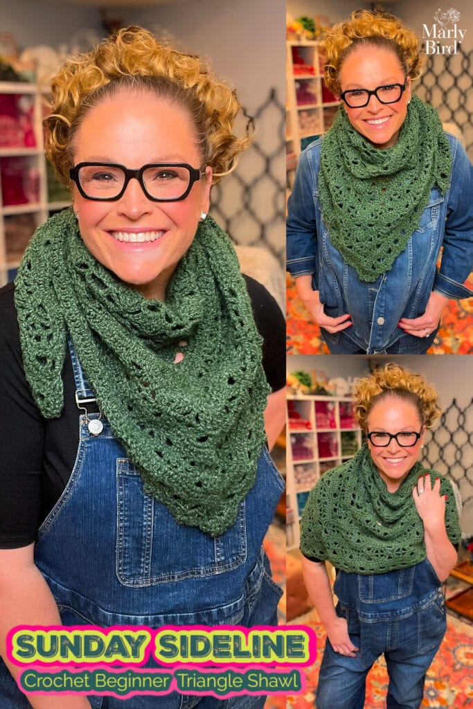 Woman models a green crochet triangle shawl with openwork stitch texture, styled over denim overalls and a black top. top-down crochet