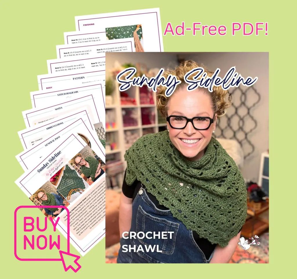 A woman models a green crochet triangle shawl; close-up shows stitch detail. Sample pattern pages and a “BUY NOW” button appear nearby.