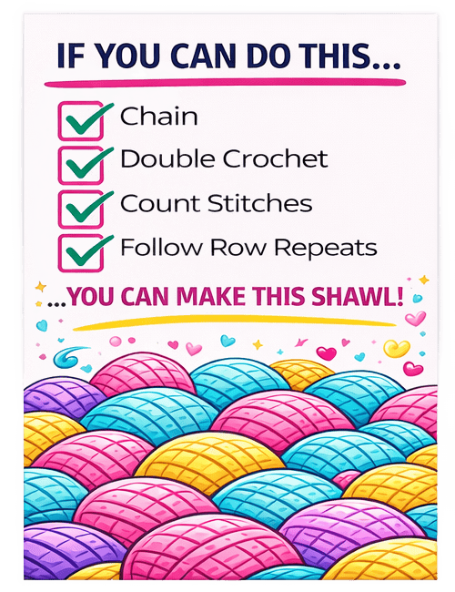 Colorful yarn balls beside a message about making a crochet triangle shawl if you know basic stitches and row repeats.