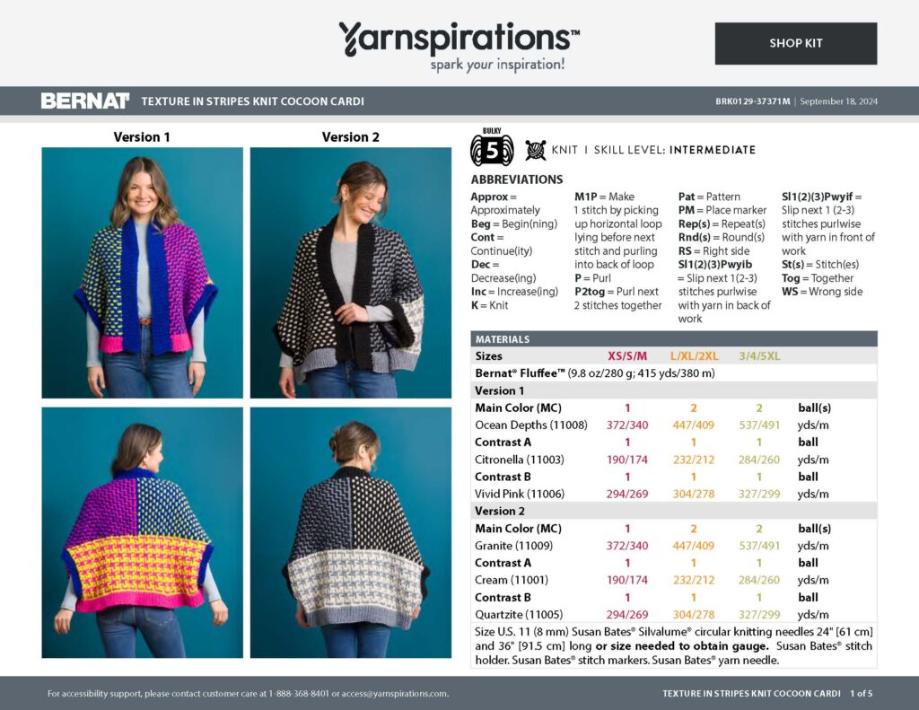 A knitting pattern page titled "Texture N Stripes Knit Cocoon Cardi" by Bernat Yarnspirations features two versions of cozy cocoon cardigans, each modeled on a woman. With materials, size info, abbreviations, and step-by-step instructions, this design is perfect for the JOANN Fall Stitch Along hosted by Marly Bird. -Marly Bird