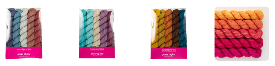 Image showing four packs of yarn in various colors. Each pack contains yarn in shades like blue, pink, purple, and orange, with "sweetgeorgia" branding. The yarn is arranged neatly in compact bundles. -Marly Bird