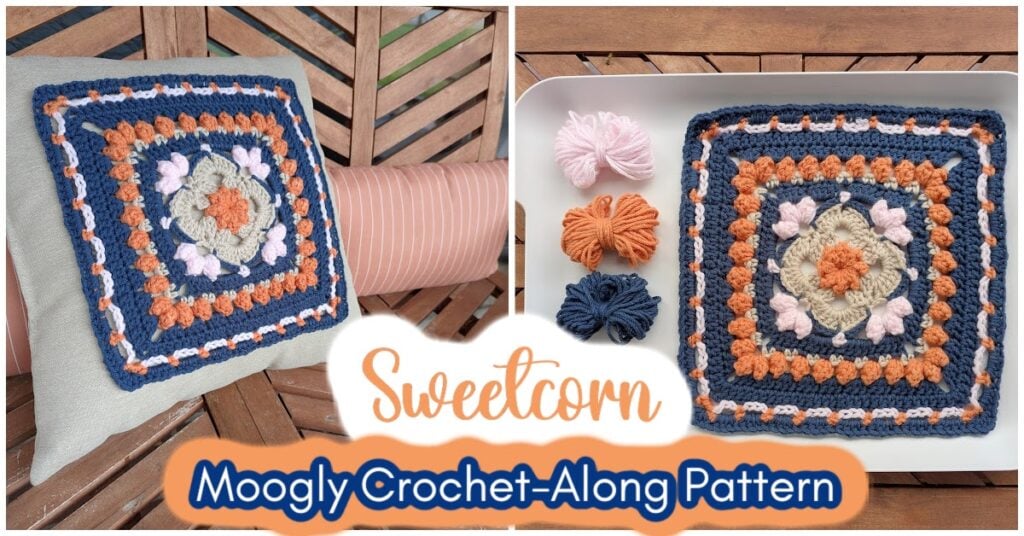 A crocheted Sweetcorn Motif crochet block in blue, orange, beige, and pink is displayed on a pillow and tray. Three small yarn skeins are beside it. Text reads: “Sweetcorn Moogly Crochet-Along Pattern.”. -Marly Bird