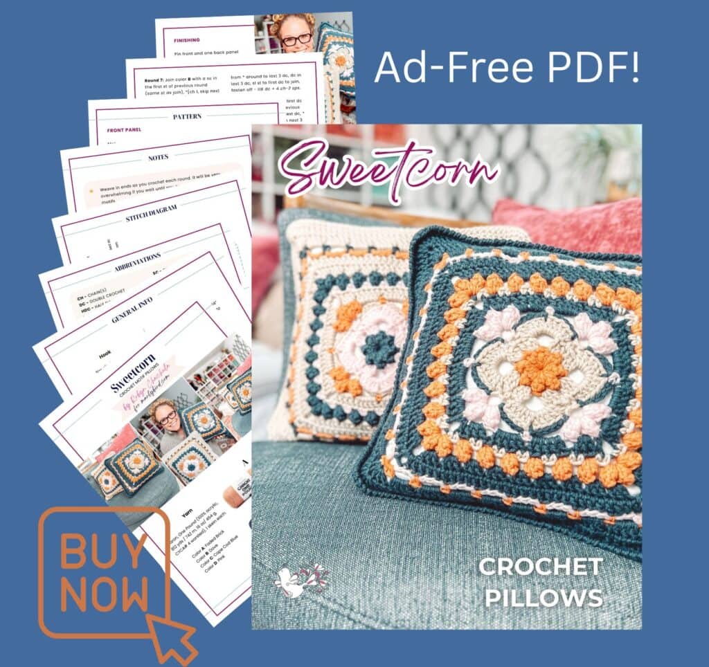 Promotional image for an ad-free PDF titled "SweetCorn Crochet Pillows," featuring colorful, textured crochet motif pillows and sample pattern pages, with a “Buy Now” button on a blue background—perfect for cozy home décor. -Marly Bird