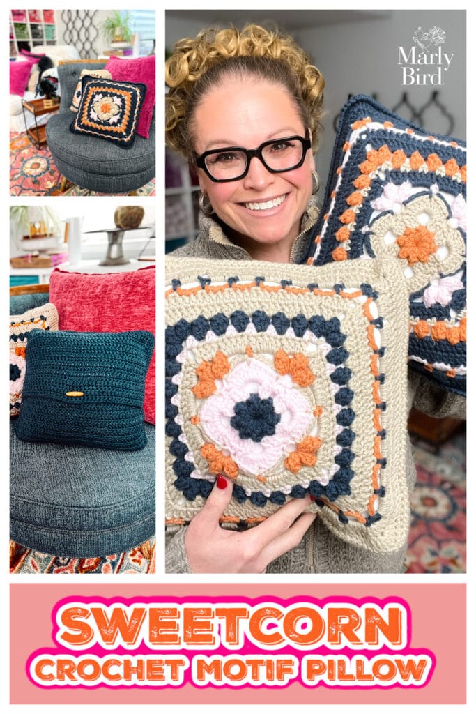 A smiling person wearing glasses holds a square crochet pillow with a floral motif in blue, orange, pink, and cream. Smaller images show the home décor on a chair. Text reads "SWEETCORN CROCHET MOTIF PILLOW. -Marly Bird