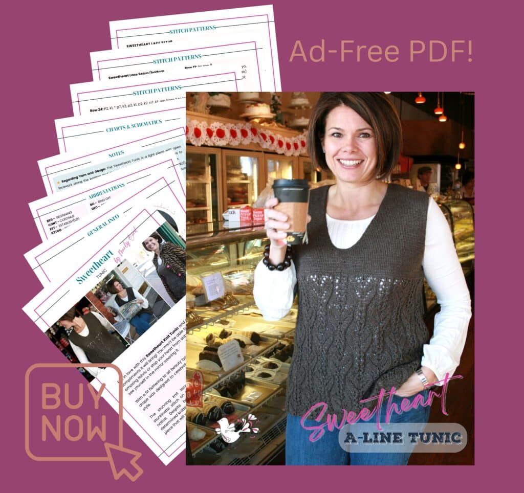 A smiling woman in a bakery holds coffee and wears a Marly Bird A-Line Tunic. Overlapping pages feature Free Knit Tunic Pattern instructions. Text reads “Ad-Free PDF!”, “Sweetheart A-Line Tunic,” and “BUY NOW” with a mouse pointer icon. -Marly Bird