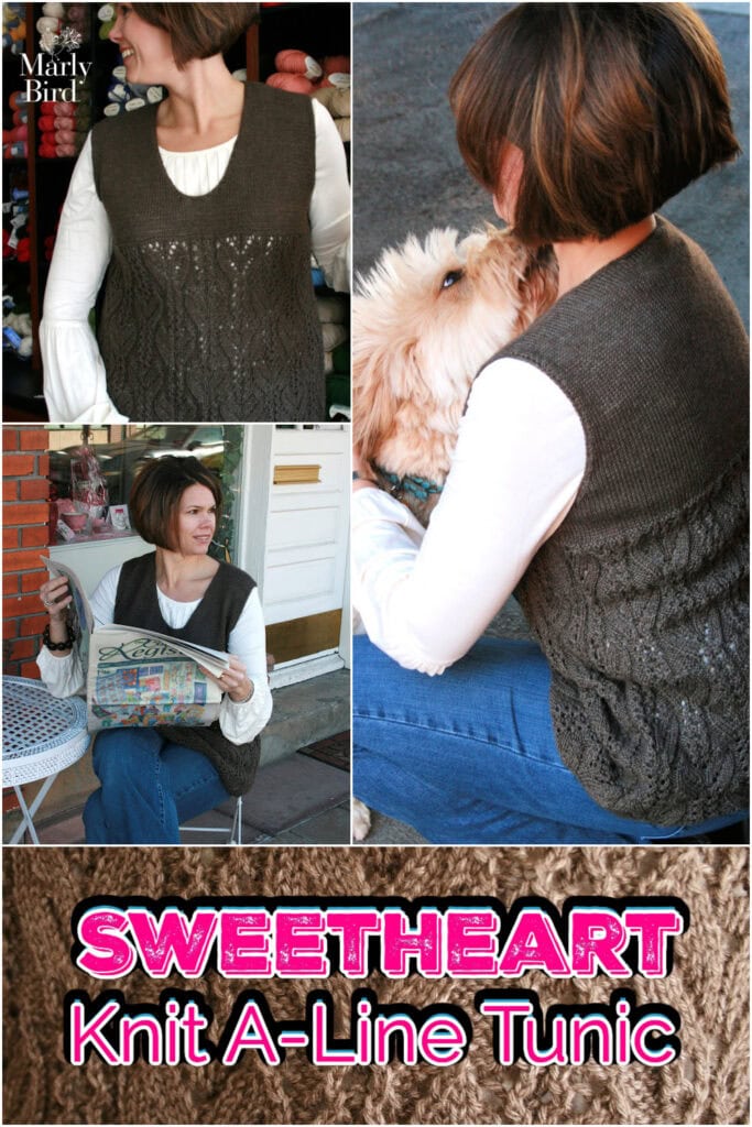 A woman models a brown Marly Bird A-Line Tunic over a white blouse, sitting outdoors with a dog and holding a newspaper. Text reads: "Sweetheart Knit A-Line Tunic. -Marly Bird