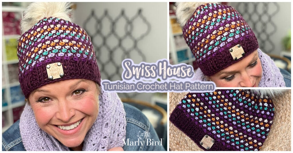 A smiling woman wears a colorful, patterned Tunisian crochet beanie with a pom-pom and "Marly Bird" label. The image also shows a close-up of the Swiss House hat and text: "Free Hat Pattern: Swiss House Tunisian Crochet Hat. -Marly Bird