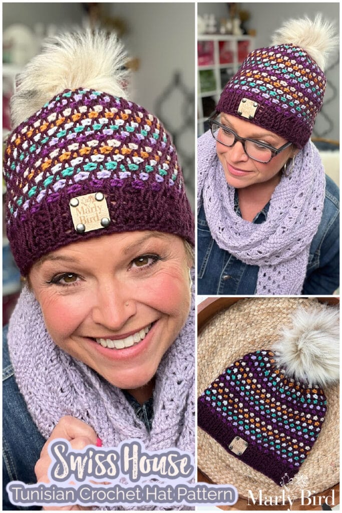 A woman wearing glasses models a colorful Tunisian crochet hat with a faux fur pom-pom and lavender scarf. The "Swiss House" hat, shown in close-up and laid flat, features the Marly Bird label. Text: "Free Hat Pattern – Swiss House Tunisian Crochet. -Marly Bird