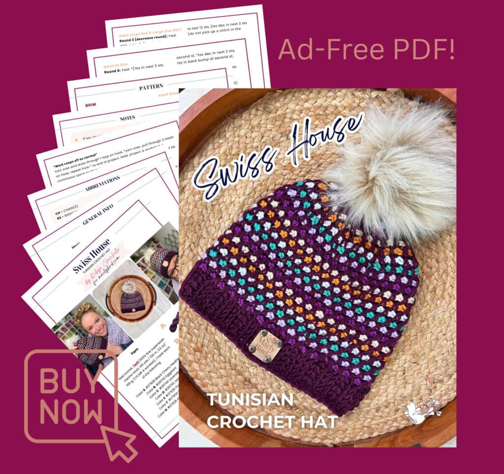 An ad for an ad-free PDF "Swiss House Tunisian Crochet Hat" pattern, featuring a purple, multicolored Tunisian crochet hat with a fluffy pom-pom, pattern pages, and a "Buy Now" button—all on a rich burgundy background. -Marly Bird
