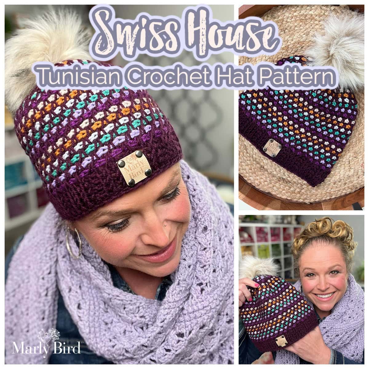 Collage showing a woman wearing a purple Tunisian crochet hat with colorful dots and faux fur pom-pom, plus close-ups of the hat and the smiling woman. Text reads "Swiss House Free Hat Pattern: Tunisian Crochet Style. -Marly Bird