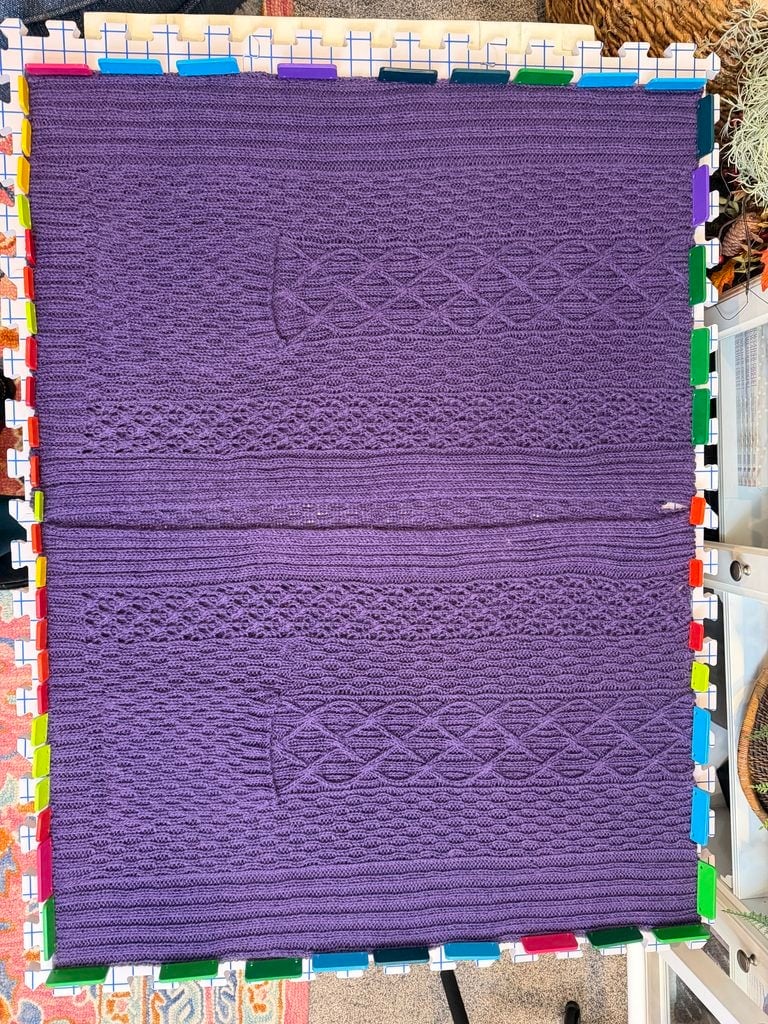 Marly Bird blocking the Sycamore Knit Ruana on foam mats