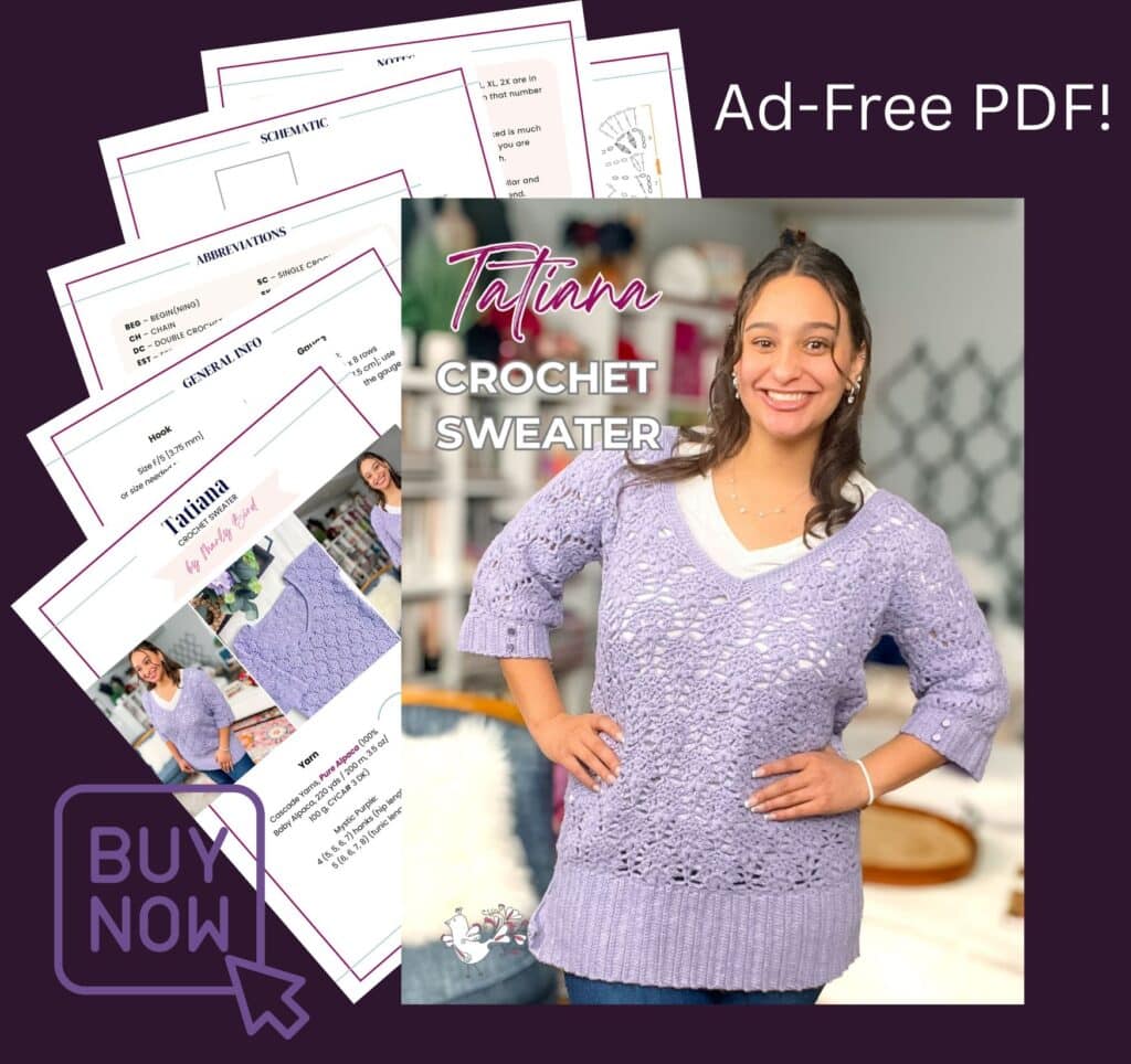 A smiling woman models a light purple crochet sweater. Next to her are preview pages of the Alpaca Crochet Sweater Pattern PDF titled "Tatiana Crochet Sweater." Text reads "Ad-Free PDF!" and "BUY NOW" with a mouse pointer icon. -Marly Bird