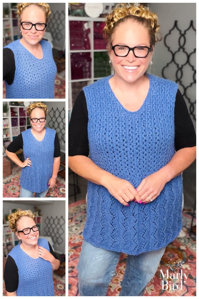 Woman models a blue knitted sleeveless vest over a black shirt, showing textured stitchwork, with craft shelves in the background.