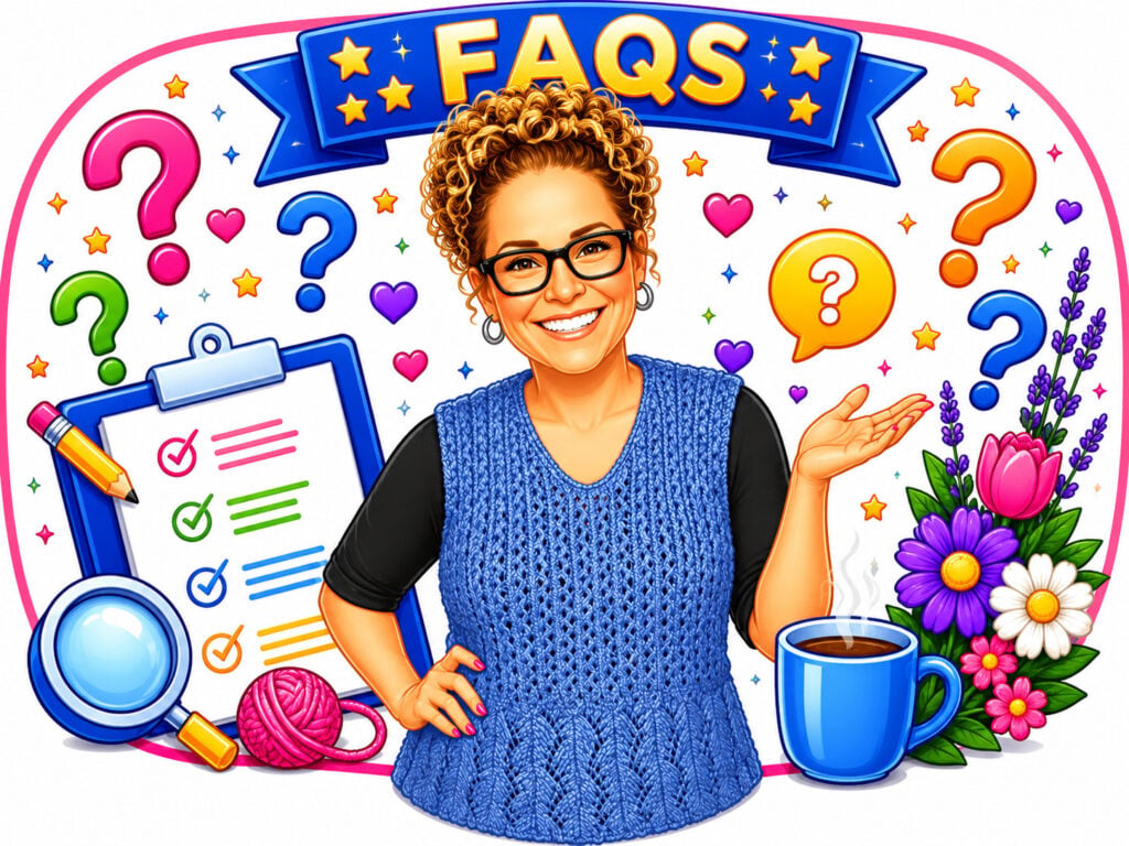 A woman with curly hair and glasses stands by a "FAQS" banner amid crafting items like yarn, flowers, and coffee.