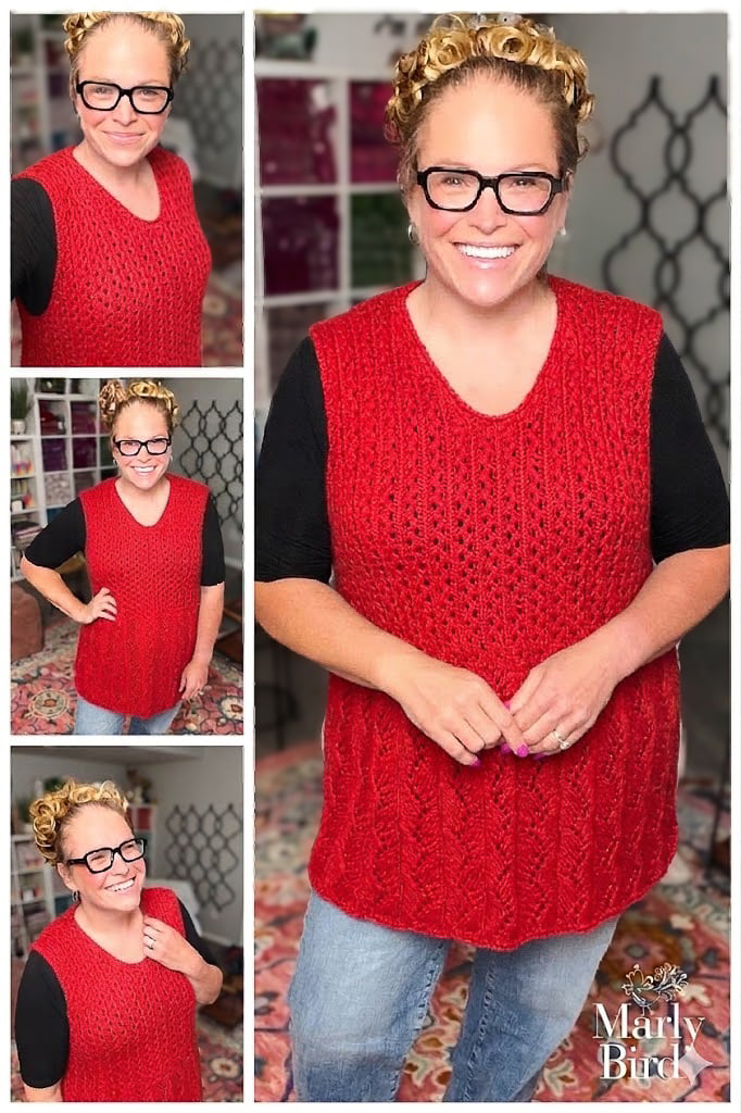A woman models a hand-knit, bright red sleeveless vest with textured stitches over a black shirt indoors. Marly Bird logo visible.