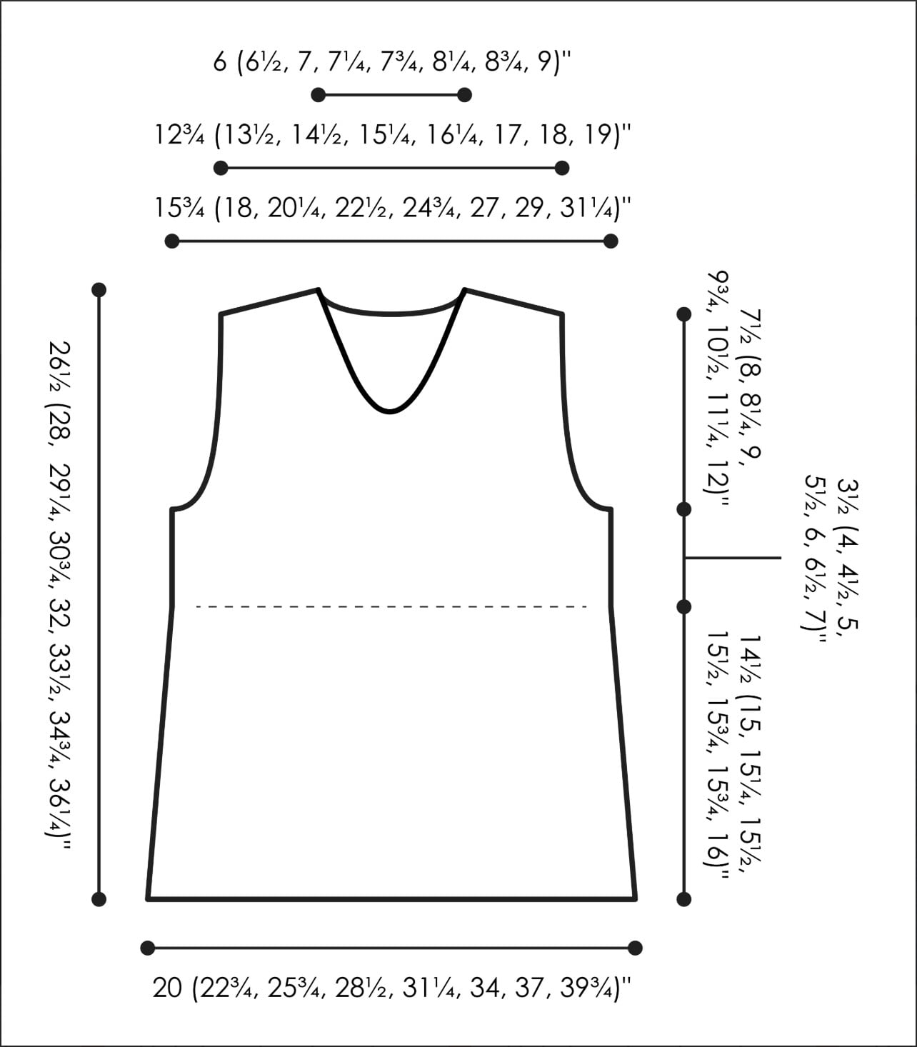 Black-and-white diagram of a sleeveless V-neck knit vest with measurement lines for neckline, armholes, shoulders, body width, and length.