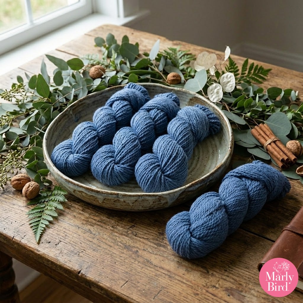 Blue yarn skeins on a ceramic plate atop a wooden table, surrounded by greenery, walnuts, cinnamon sticks; Marly Bird logo visible.